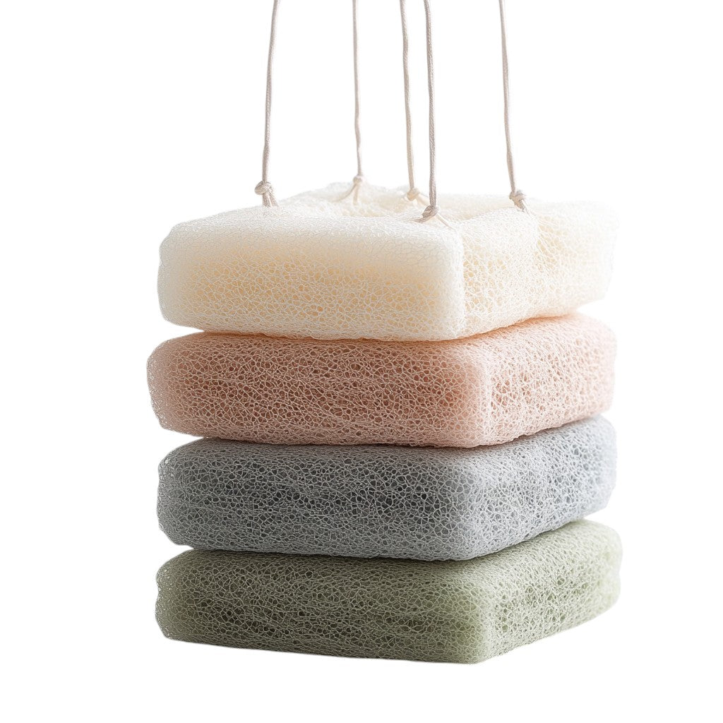 Jablon 80g Large Shower Loofah - Set of 4 High-Density Mesh Bath Poufs with Hanging Loop - Soft Exfoliating Sponge for Rich Lather - Pastel Earth Tones