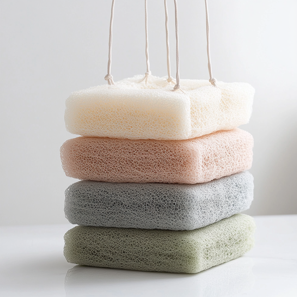 Jablon 80g Large Shower Loofah - Set of 4 High-Density Mesh Bath Poufs with Hanging Loop - Soft Exfoliating Sponge for Rich Lather - Pastel Earth Tones