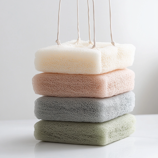 Jablon 80g Large Shower Loofah - Set of 4 High-Density Mesh Bath Poufs with Hanging Loop - Soft Exfoliating Sponge for Rich Lather - Pastel Earth Tones